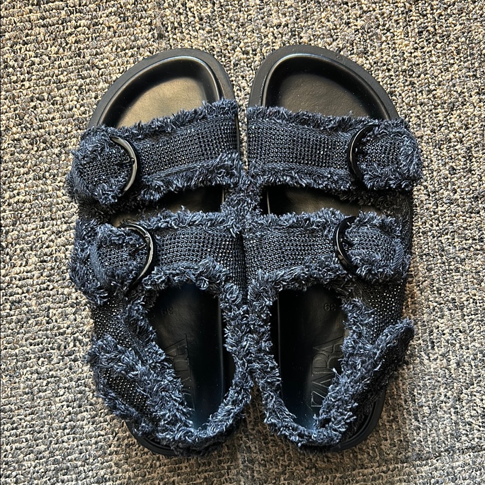 Zara Black Frayed Strap Sandals